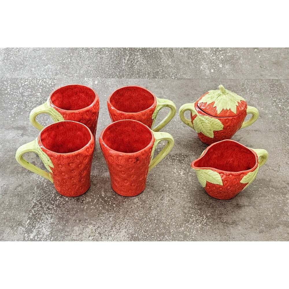 Vintage Strawberry Mugs, Creamer/Milk Pitcher, and Sugar Dish